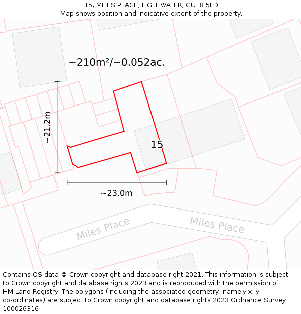 15, MILES PLACE, LIGHTWATER, GU18 5LD: Plot and title map