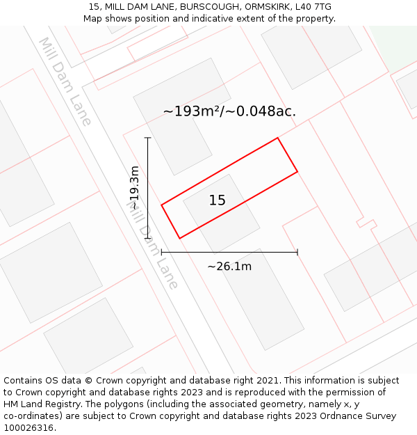 15, MILL DAM LANE, BURSCOUGH, ORMSKIRK, L40 7TG: Plot and title map