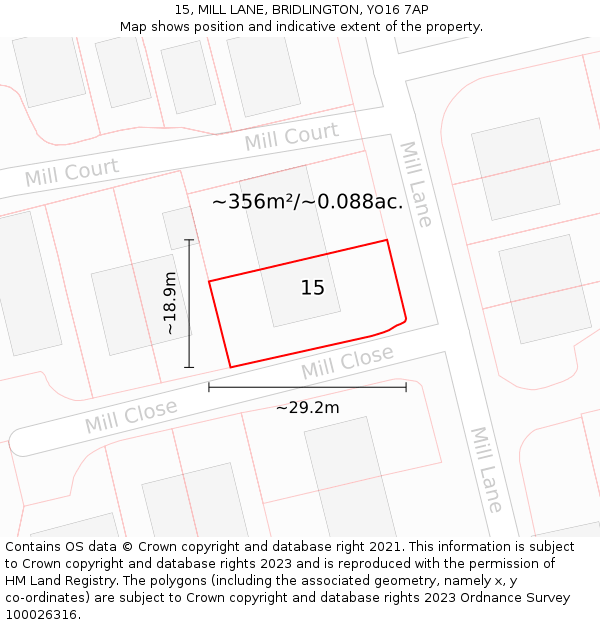 15, MILL LANE, BRIDLINGTON, YO16 7AP: Plot and title map