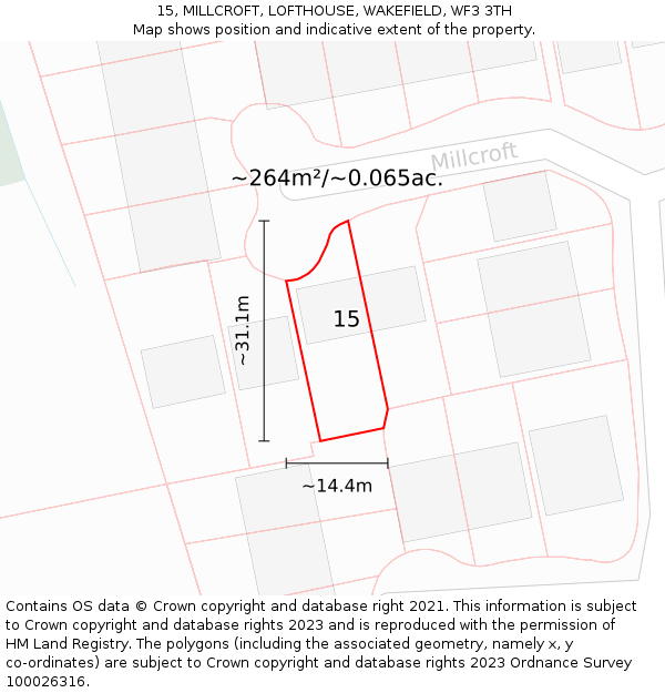 15, MILLCROFT, LOFTHOUSE, WAKEFIELD, WF3 3TH: Plot and title map