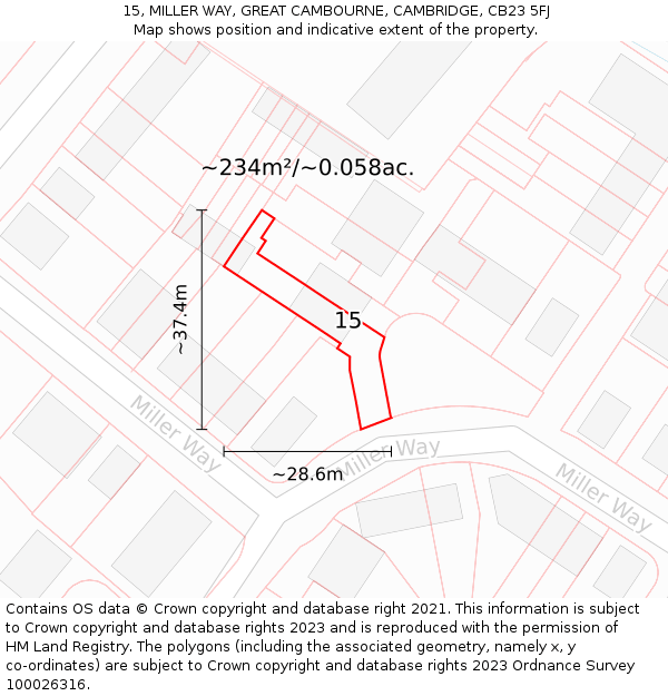 15, MILLER WAY, GREAT CAMBOURNE, CAMBRIDGE, CB23 5FJ: Plot and title map