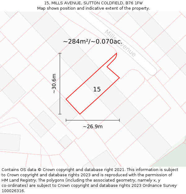 15, MILLS AVENUE, SUTTON COLDFIELD, B76 1FW: Plot and title map