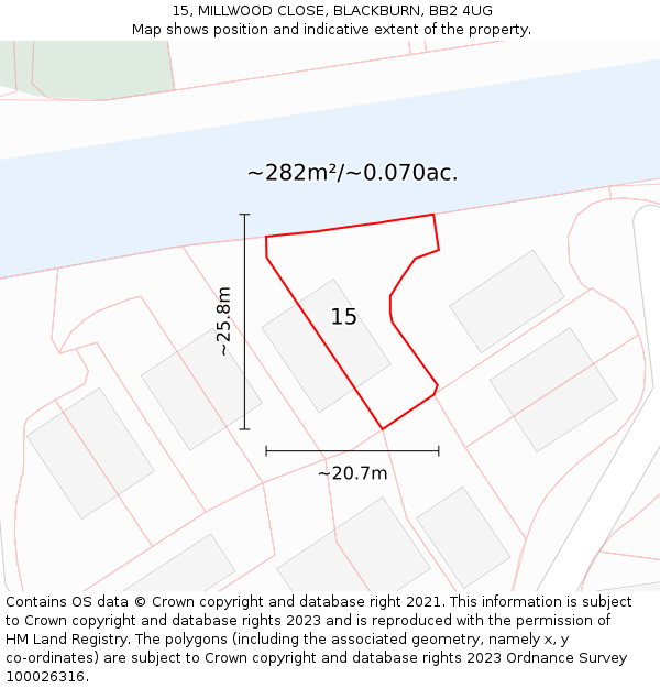 15, MILLWOOD CLOSE, BLACKBURN, BB2 4UG: Plot and title map