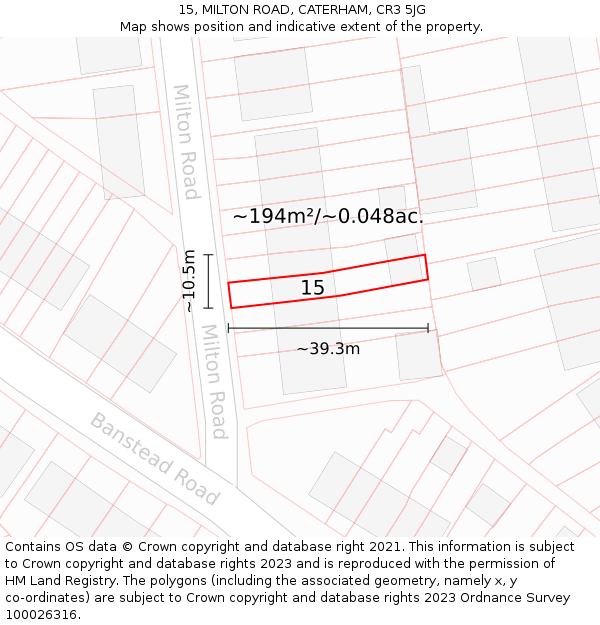 15, MILTON ROAD, CATERHAM, CR3 5JG: Plot and title map