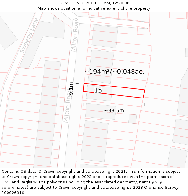 15, MILTON ROAD, EGHAM, TW20 9PF: Plot and title map