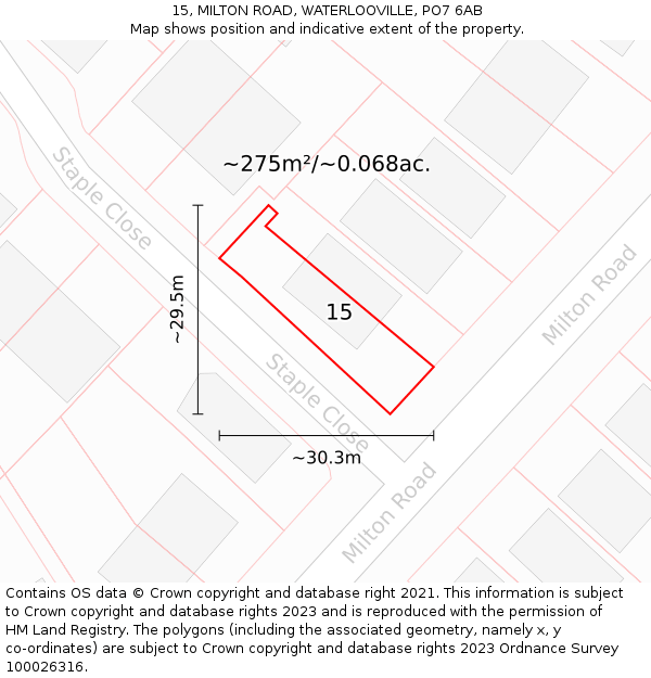 15, MILTON ROAD, WATERLOOVILLE, PO7 6AB: Plot and title map