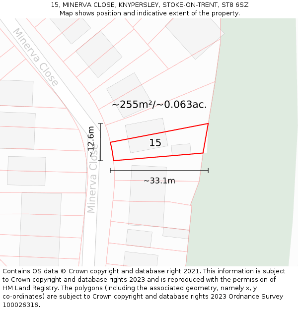 15, MINERVA CLOSE, KNYPERSLEY, STOKE-ON-TRENT, ST8 6SZ: Plot and title map