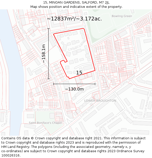 15, MINOAN GARDENS, SALFORD, M7 2JL: Plot and title map