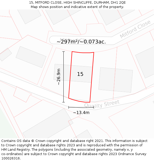 15, MITFORD CLOSE, HIGH SHINCLIFFE, DURHAM, DH1 2QE: Plot and title map