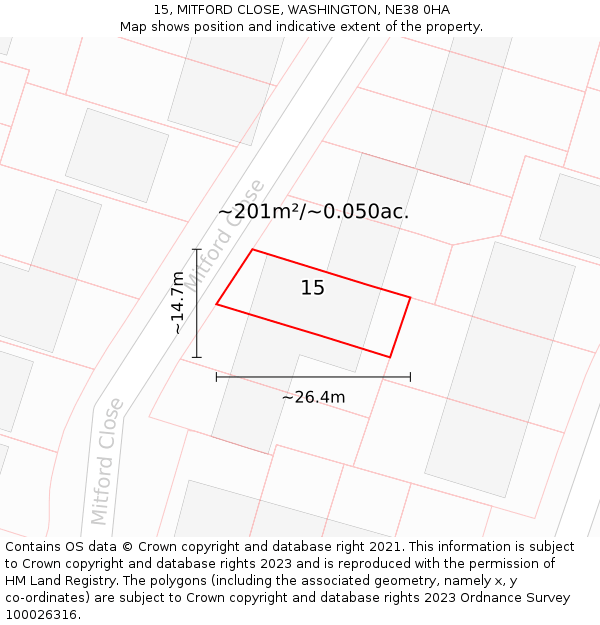 15, MITFORD CLOSE, WASHINGTON, NE38 0HA: Plot and title map