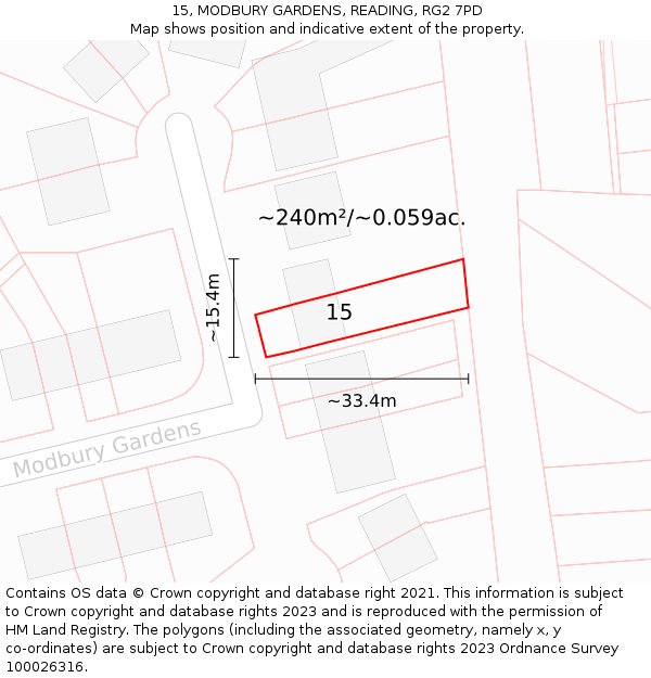 15, MODBURY GARDENS, READING, RG2 7PD: Plot and title map