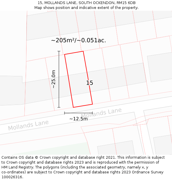15, MOLLANDS LANE, SOUTH OCKENDON, RM15 6DB: Plot and title map