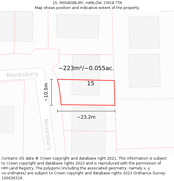 15, MONKSBURY, HARLOW, CM18 7TA: Plot and title map