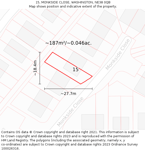 15, MONKSIDE CLOSE, WASHINGTON, NE38 0QB: Plot and title map