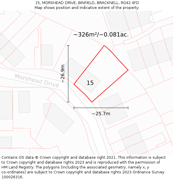 15, MORSHEAD DRIVE, BINFIELD, BRACKNELL, RG42 4FD: Plot and title map