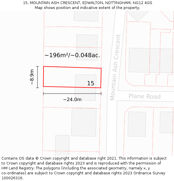 15, MOUNTAIN ASH CRESCENT, EDWALTON, NOTTINGHAM, NG12 4GS: Plot and title map