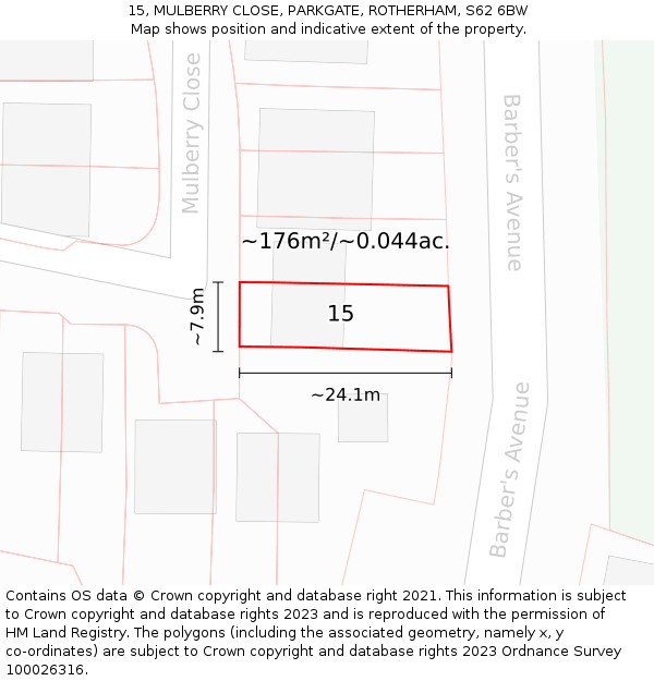 15, MULBERRY CLOSE, PARKGATE, ROTHERHAM, S62 6BW: Plot and title map