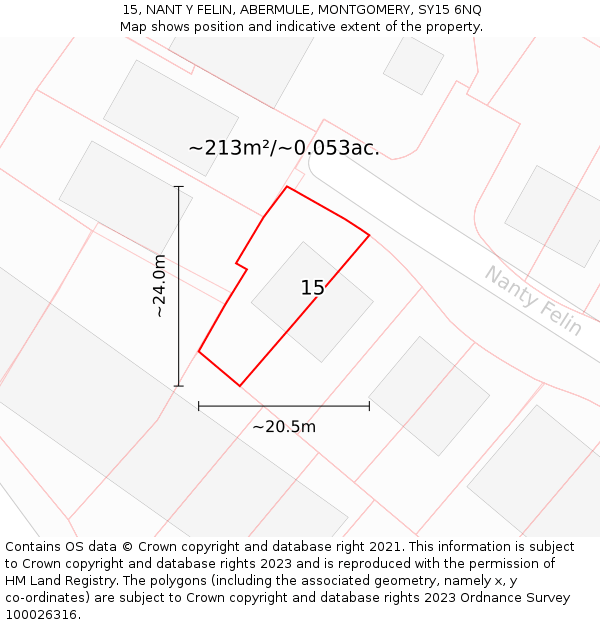 15, NANT Y FELIN, ABERMULE, MONTGOMERY, SY15 6NQ: Plot and title map