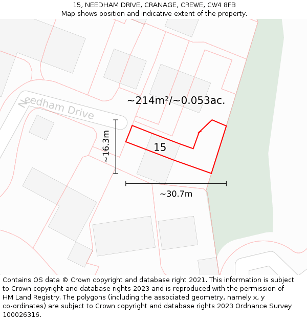 15, NEEDHAM DRIVE, CRANAGE, CREWE, CW4 8FB: Plot and title map