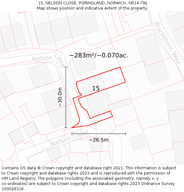 15, NELSON CLOSE, PORINGLAND, NORWICH, NR14 7WJ: Plot and title map