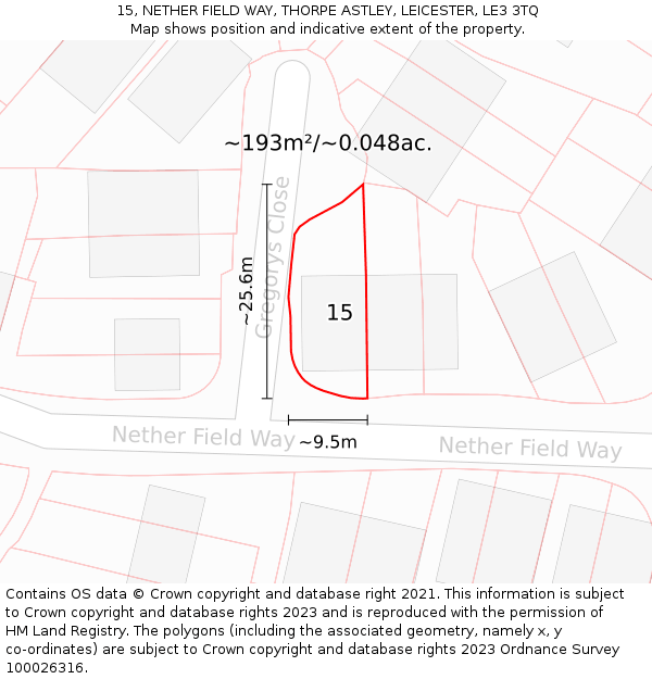 15, NETHER FIELD WAY, THORPE ASTLEY, LEICESTER, LE3 3TQ: Plot and title map