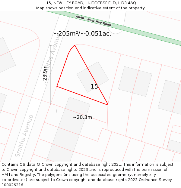 15, NEW HEY ROAD, HUDDERSFIELD, HD3 4AQ: Plot and title map