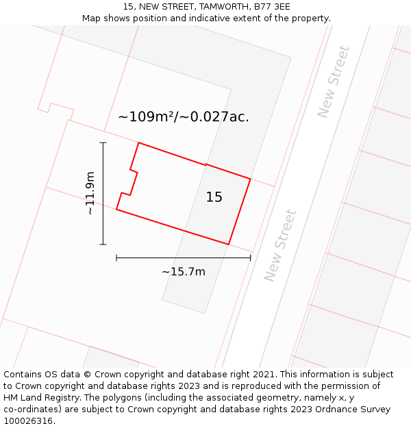 15, NEW STREET, TAMWORTH, B77 3EE: Plot and title map