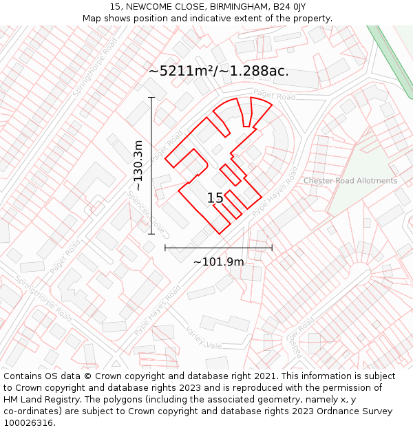 15, NEWCOME CLOSE, BIRMINGHAM, B24 0JY: Plot and title map