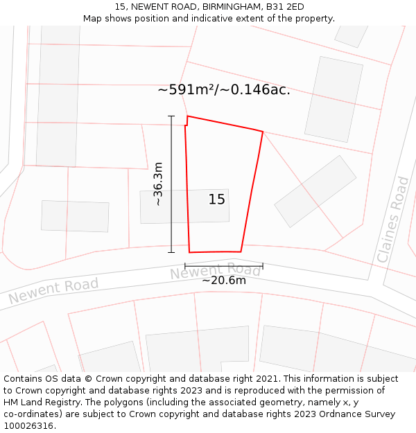 15, NEWENT ROAD, BIRMINGHAM, B31 2ED: Plot and title map