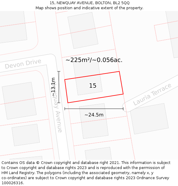 15, NEWQUAY AVENUE, BOLTON, BL2 5QQ: Plot and title map