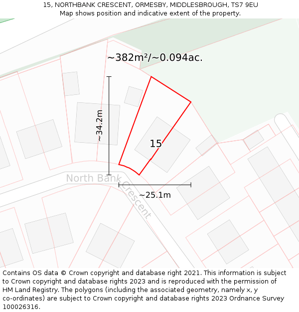 15, NORTHBANK CRESCENT, ORMESBY, MIDDLESBROUGH, TS7 9EU: Plot and title map