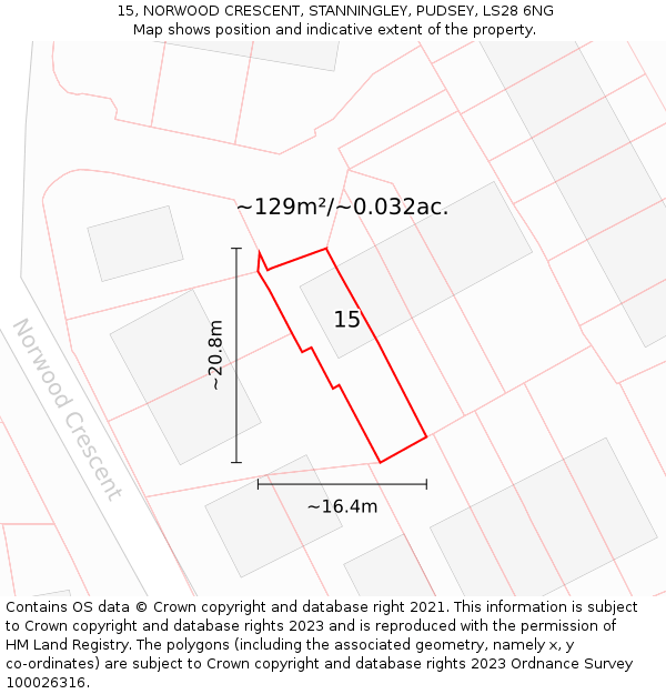 15, NORWOOD CRESCENT, STANNINGLEY, PUDSEY, LS28 6NG: Plot and title map