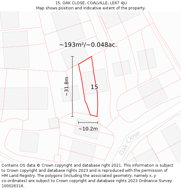 15, OAK CLOSE, COALVILLE, LE67 4JU: Plot and title map