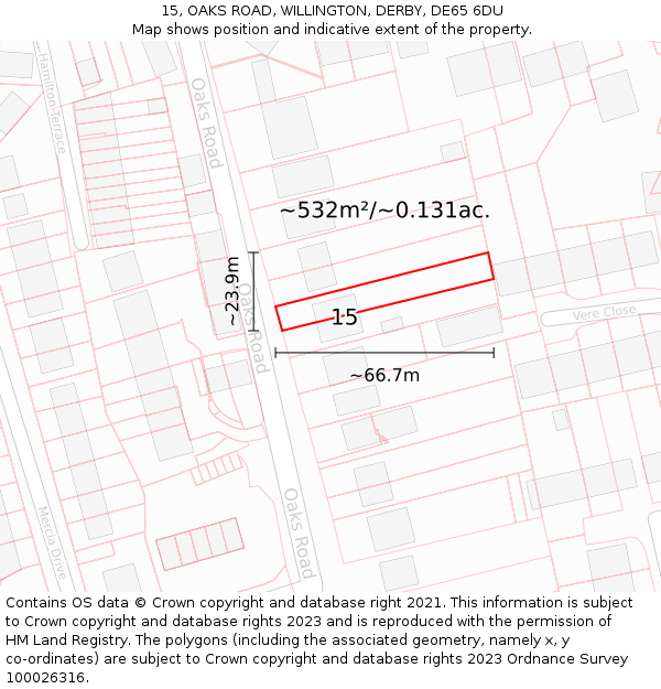 15, OAKS ROAD, WILLINGTON, DERBY, DE65 6DU: Plot and title map