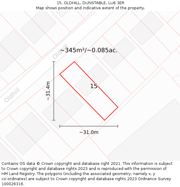 15, OLDHILL, DUNSTABLE, LU6 3ER: Plot and title map