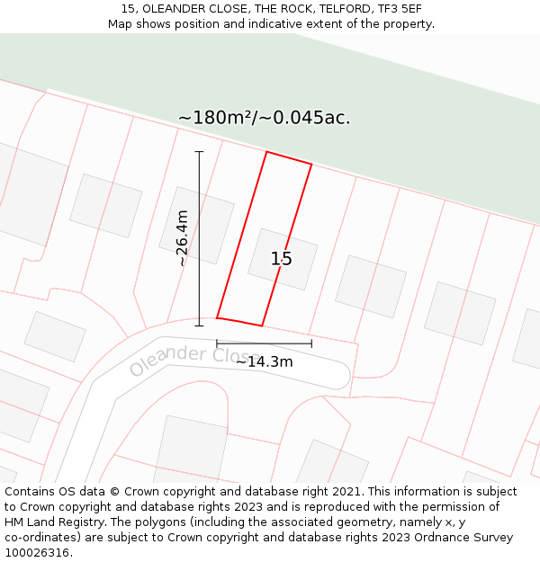 15, OLEANDER CLOSE, THE ROCK, TELFORD, TF3 5EF: Plot and title map