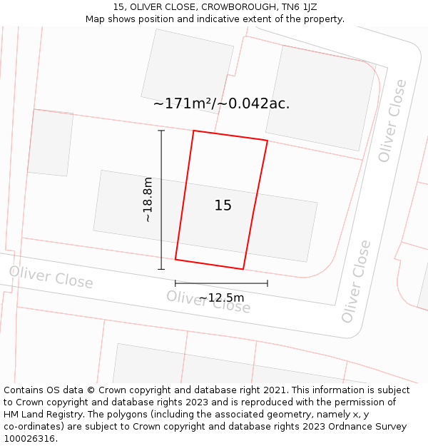 15, OLIVER CLOSE, CROWBOROUGH, TN6 1JZ: Plot and title map