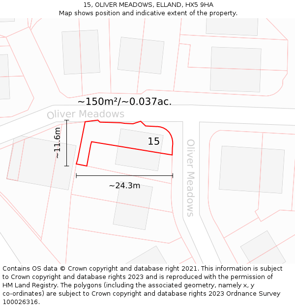 15, OLIVER MEADOWS, ELLAND, HX5 9HA: Plot and title map