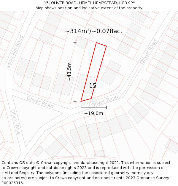 15, OLIVER ROAD, HEMEL HEMPSTEAD, HP3 9PY: Plot and title map