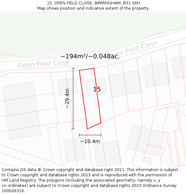 15, OPEN FIELD CLOSE, BIRMINGHAM, B31 3XH: Plot and title map