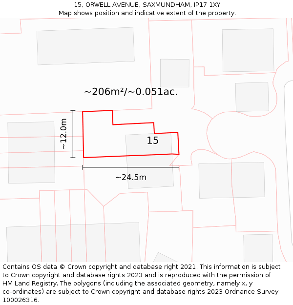 15, ORWELL AVENUE, SAXMUNDHAM, IP17 1XY: Plot and title map