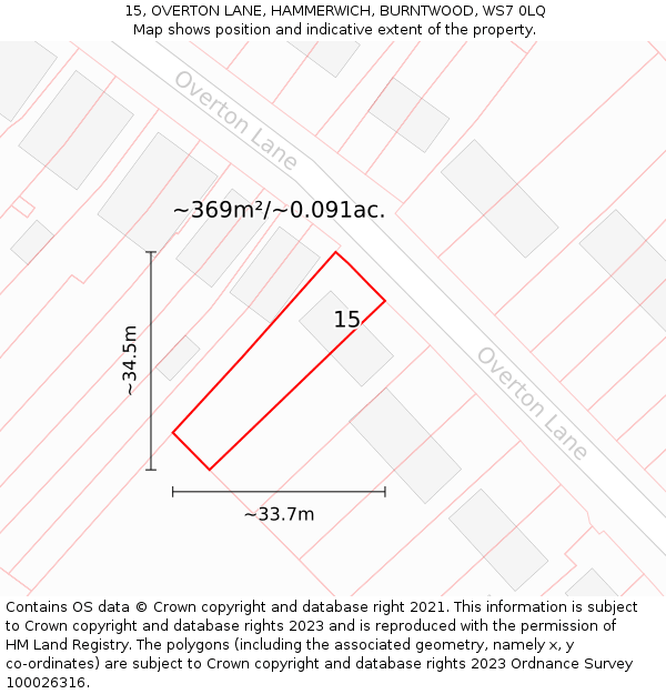 15, OVERTON LANE, HAMMERWICH, BURNTWOOD, WS7 0LQ: Plot and title map