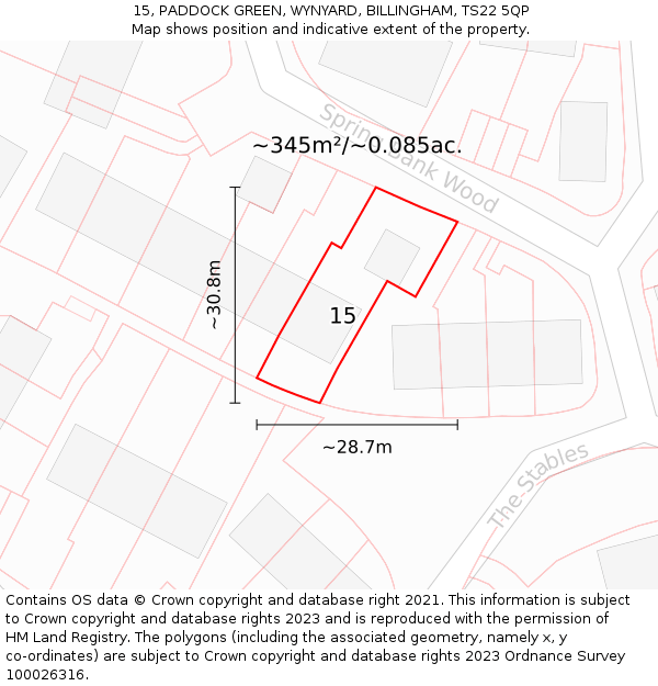 15, PADDOCK GREEN, WYNYARD, BILLINGHAM, TS22 5QP: Plot and title map