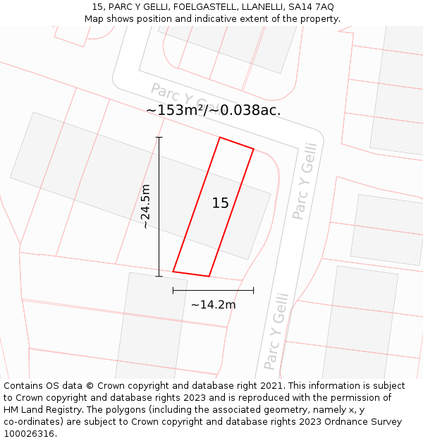 15, PARC Y GELLI, FOELGASTELL, LLANELLI, SA14 7AQ: Plot and title map