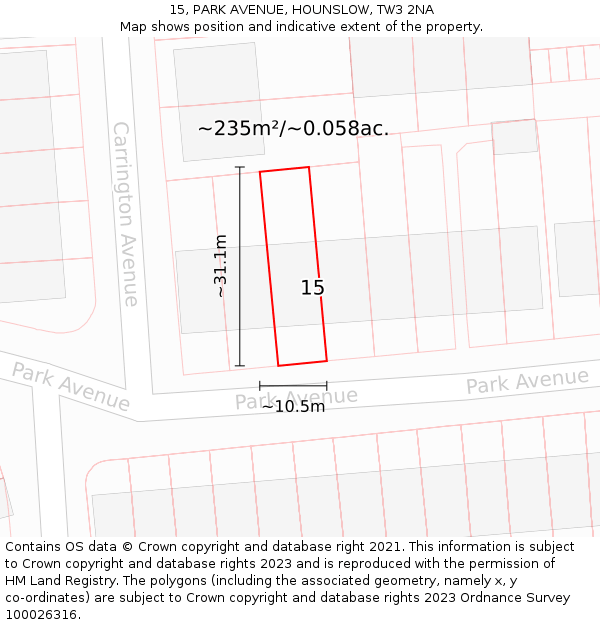 15, PARK AVENUE, HOUNSLOW, TW3 2NA: Plot and title map