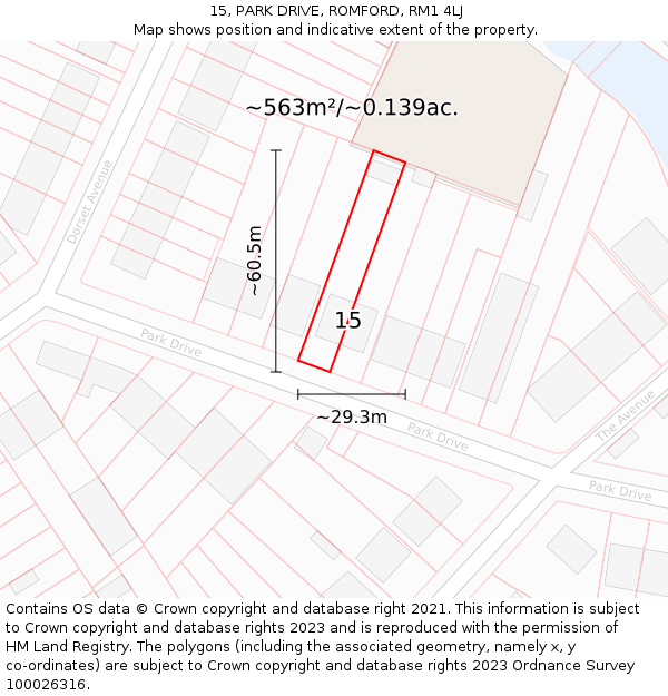 15, PARK DRIVE, ROMFORD, RM1 4LJ: Plot and title map