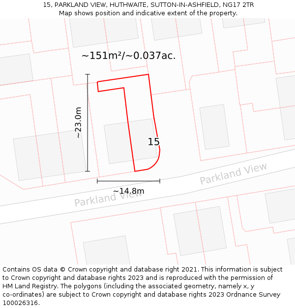 15, PARKLAND VIEW, HUTHWAITE, SUTTON-IN-ASHFIELD, NG17 2TR: Plot and title map