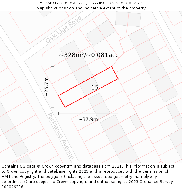 15, PARKLANDS AVENUE, LEAMINGTON SPA, CV32 7BH: Plot and title map