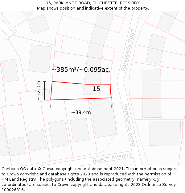 15, PARKLANDS ROAD, CHICHESTER, PO19 3DX: Plot and title map