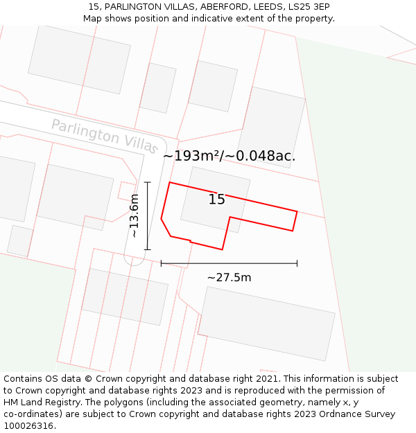 15, PARLINGTON VILLAS, ABERFORD, LEEDS, LS25 3EP: Plot and title map